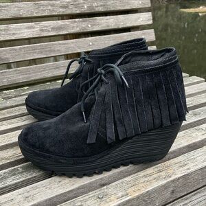 Fly London Suede Fringe Wedge Ankle Boots 6